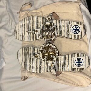 Tory Burch Beige and Black Striped Sandals with Gold Logo